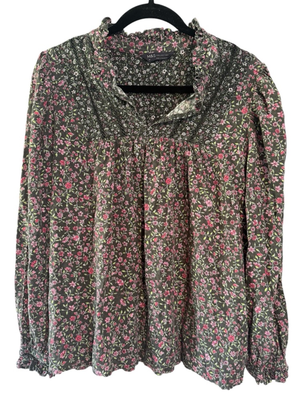 M&S Collection Grey and Pink Floral Long Sleeve Top 100% Viscose
